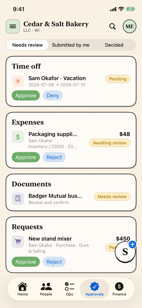 The unified Approvals queue in the Small Business OS app