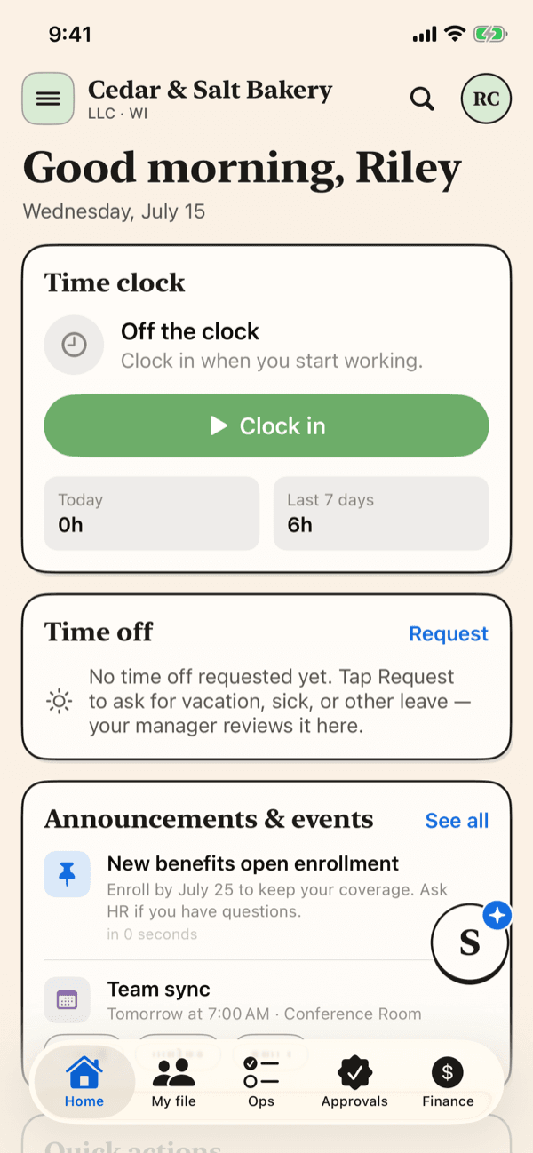 The employee home screen in the Small Business OS app — time clock, time off, and announcements